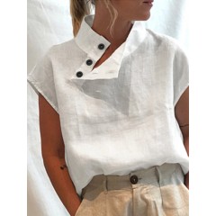 Women solid color button high collar short sleeve shirts Sal