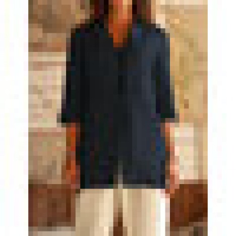 Women solid color cotton collect waist suits retro casual blouse Sal