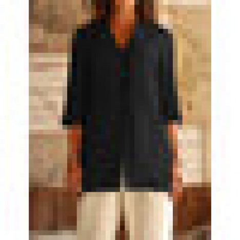 Women solid color cotton collect waist suits retro casual blouse Sal