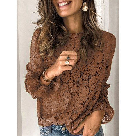 Women solid color elegant round neck long sleeve lace blouses Sal