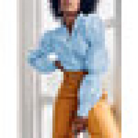 Women solid color lapel elastic lantern sleeve casual blouse Sal