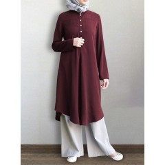 Women solid color mid-calf length half button kaftan robe long sleeve shirt Sal