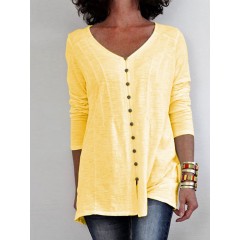 Women solid color v-neck button up long sleeve casual shirts Sal