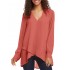Women solid color v-neck puff sleeve asymmetrical hem long sleeve blouse Sal