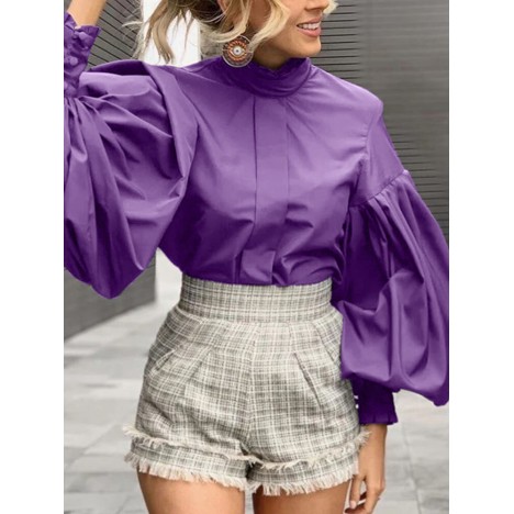 Women stand collar lantern sleeve pleated stylish daily solid color blouse Sal