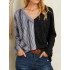 Women striped print patchwork v-neck long sleeve casual blouse Sal