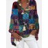 Women tribal print color block v-neck ethnic style blouses Sal