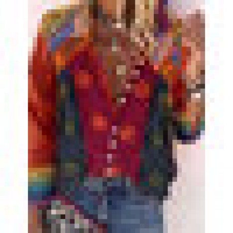 Women vintage colorblock print stand collar long sleeve button shirt Sal