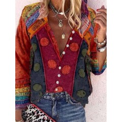 Women vintage colorblock print stand collar long sleeve button shirt Sal