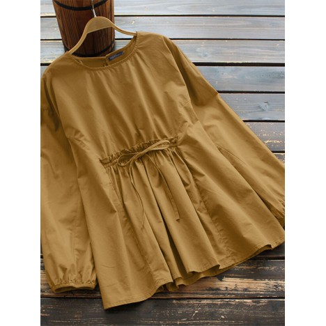 Women vintage cotton elastic waist trim lace-up solid color blouse Sal