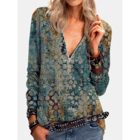 Women vintage print v-neck zipper front daily long sleeve blouse Sal