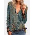 Women vintage print v-neck zipper front daily long sleeve blouse Sal
