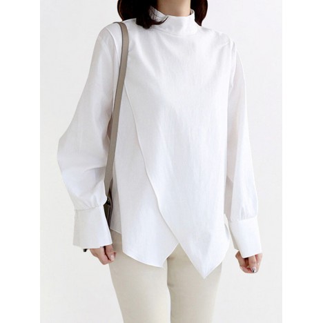 Wrap stitching zip back stand collar casual long sleeve blouses for women Sal