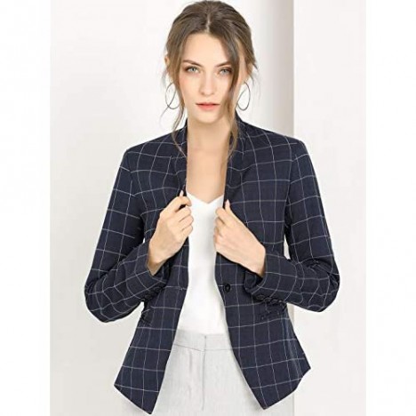 Allegra K Women's Formal Single Button Stand Collar Plaid Navy Blue Office Work Blazer