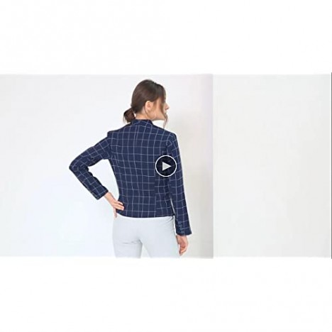 Allegra K Women's Formal Single Button Stand Collar Plaid Navy Blue Office Work Blazer