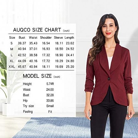 AUQCO Womens Business Casual Open Front Blazers Work Office Jacket Ruched 3/4 Sleeve Lightweight Blazer Cardigan Jacket Red Wine