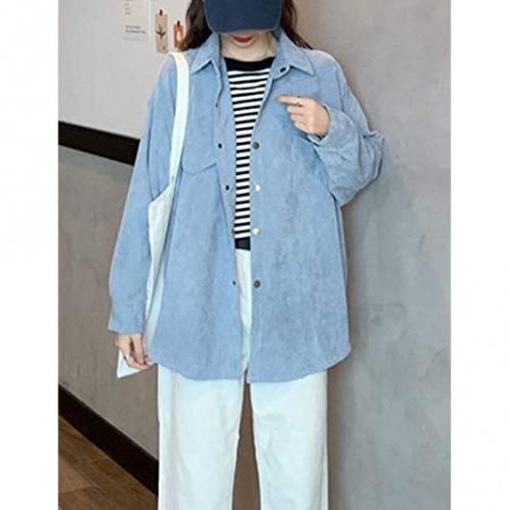 Himosyber Women's Casual Oversize Loose Fit Solid Lapel Corduroy Button Pockets Shacket Jacket Shirt