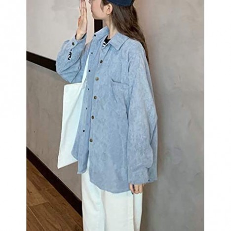 Himosyber Women's Casual Oversize Loose Fit Solid Lapel Corduroy Button Pockets Shacket Jacket Shirt
