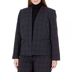 Kasper Women's Plus Size Plaid Collarless Jacket with Scrunch Sleeves