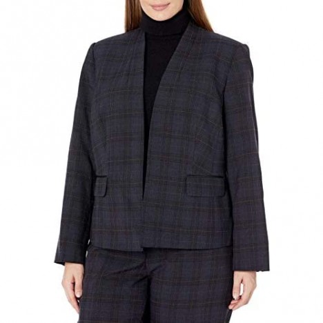 Kasper Women's Plus Size Plaid Collarless Jacket with Scrunch Sleeves