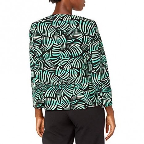Kasper Women's Tropical Palm Jacquard Printed Scuba Crepe Collarless Kissing Jacket
