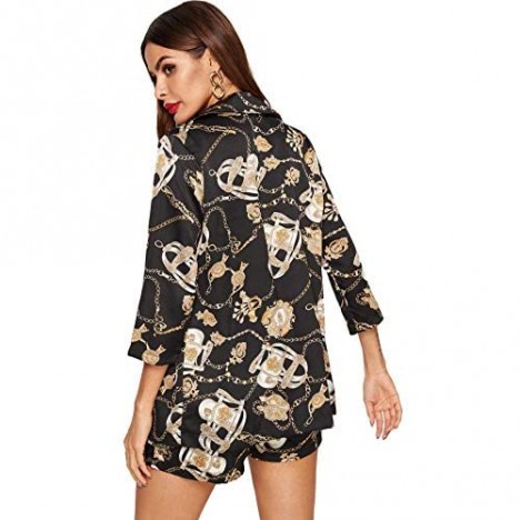 Milumia Women's Open Front 2Pcs 3 4 Sleeve Chain Print Jacket Shirt with Shorts