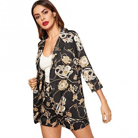 Milumia Women's Open Front 2Pcs 3 4 Sleeve Chain Print Jacket Shirt with Shorts
