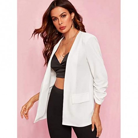 Milumia Women's Open Front Ruched Sleeve Work Office Solid Blazer Jacket Outwear White
