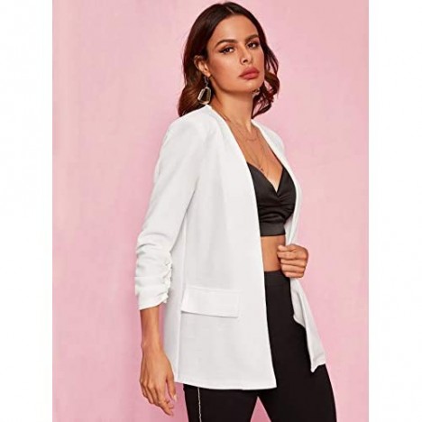 Milumia Women's Open Front Ruched Sleeve Work Office Solid Blazer Jacket Outwear White