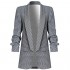 Women's 3/4 Stretchy Ruched Sleeve Business Jacket Front Cardigan Casual Work Office Plaid Blazers