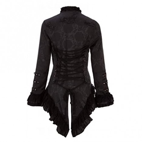 Womens Black Brocade Gothic Steampunk Floral Pirate Coat Tail Jacket Tailcoat with Lace Embellishments