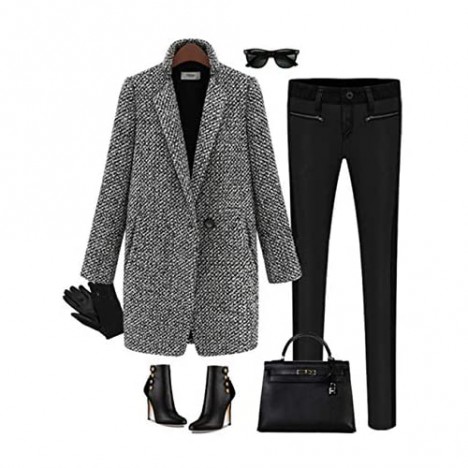 Women's Long Sleeve Linen Outerwear Trench Coat Lapel One Button Fall Winter Wool Blazer Jacket