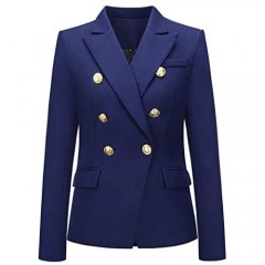 Women's Office Button Double Breasted Solid Color Lapel Collar Military Blazer Jacket with Pockets Navy Size