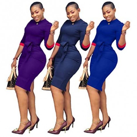 Choichic Bodycon Midi Dresses for Women - Elegant 3/4 Sleeve Patchwork Business Pencil Dresses with Belt