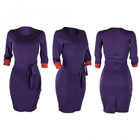 Choichic Bodycon Midi Dresses for Women - Elegant 3/4 Sleeve Patchwork Business Pencil Dresses with Belt