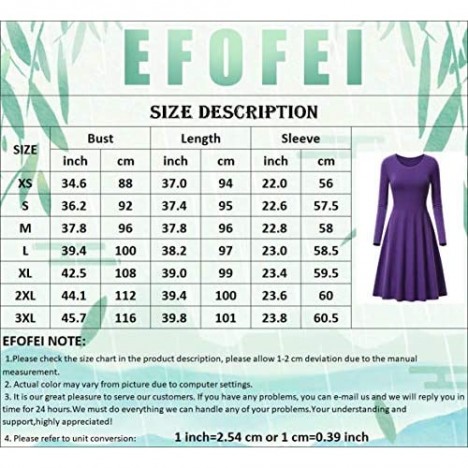 EFOFEI Womens Long Sleeve Crew Neck Swing Dress Casual A Line Solid Color Dress Slim Fit Midi Dresses