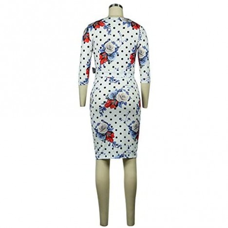 Ekaliy Womens Bodycon Midi Dress - Elegent Short Sleeve Floral Print Slim Fit Business Pencil Dress with Belt