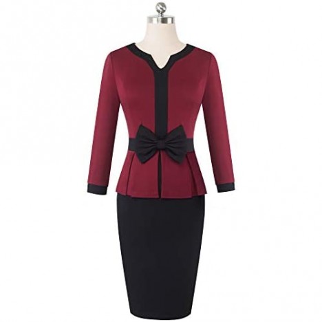 HOMEYEE Women Vintage Contrast Color Bow Long Sleeve Business Dress B554