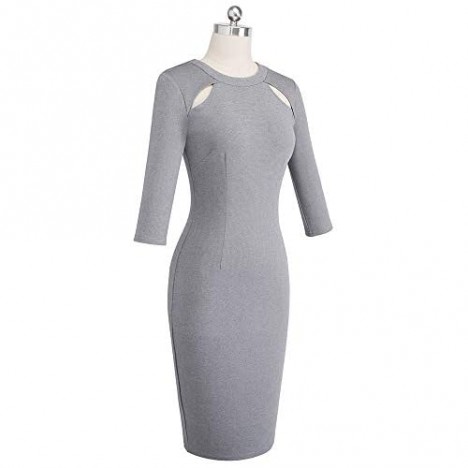 HOMEYEE Women Vintage Hollow Out Round Neck Business Work Dress B488