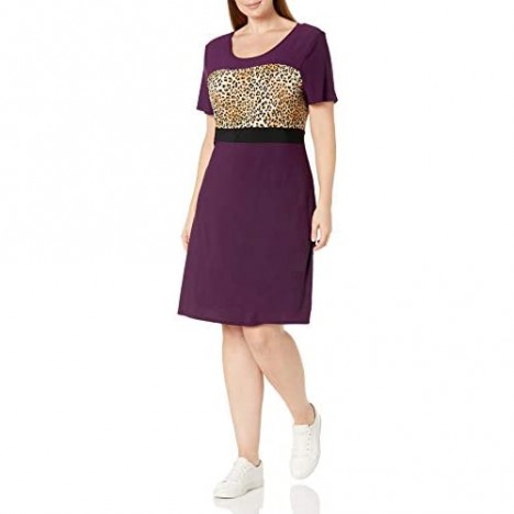 Star Vixen Women's Plus Size Sleeve Ity Knit Leopard Colorblock Short Skater Dress with Siimming Black Waist Inset