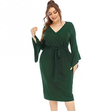 Tinkomu Womens Plus Size Bell Sleeve Wrap V Neck Shift Pencil Dress Knee Length with Ties in Waist for Business Office Work