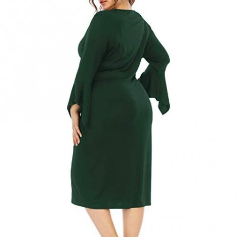 Tinkomu Womens Plus Size Bell Sleeve Wrap V Neck Shift Pencil Dress Knee Length with Ties in Waist for Business Office Work