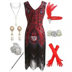 1920s Vintage Flapper Floral Fringe Beaded Gatsby Party Plus Dress W/ 20s Accessories