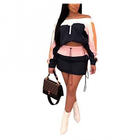 2 Piece Skirt Sets for Women Color Block Off Shoulder Long Sleeve Tops Mini Skirts Set
