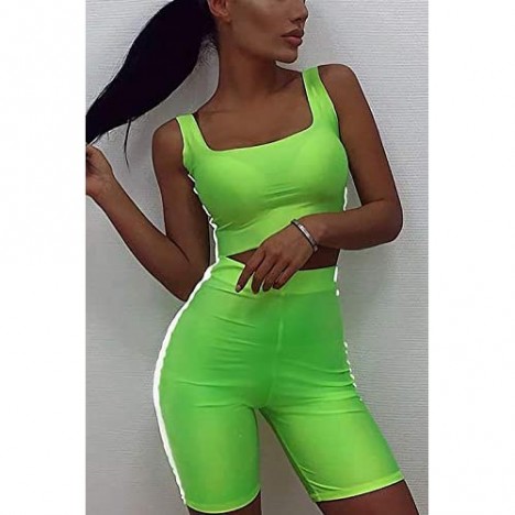 ALERDON Women's Neon Color Shiny Reflective Crop Top Skinny Shorts Yoga Tracksuit Set