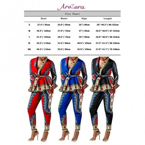 Aro Lora Women's 2 Piece Outfit African Print Dashiki Belted Open Front Blazer and Pant Set Suit