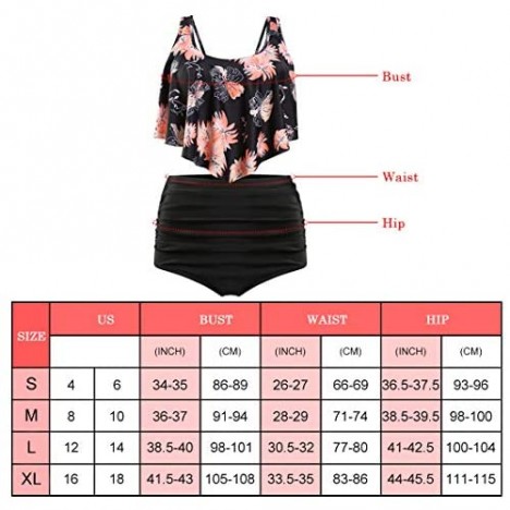 High Waist Bikini Two Piece Tankini Swimsuits for Women Bathing Suits Top with Bottom Athletic Swimwear (Black Flower L)