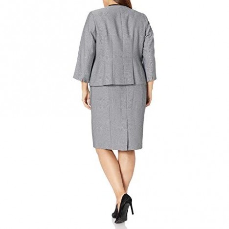 Le Suit Women's Plus Size 1 Button Collarless Diamond Stretch Jacquard Seamed Skirt Suit Black/White 14W