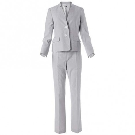 Le Suit Women's Plus Size 2 Button Notch Collar Pinstripe Seerucker Pant Suit
