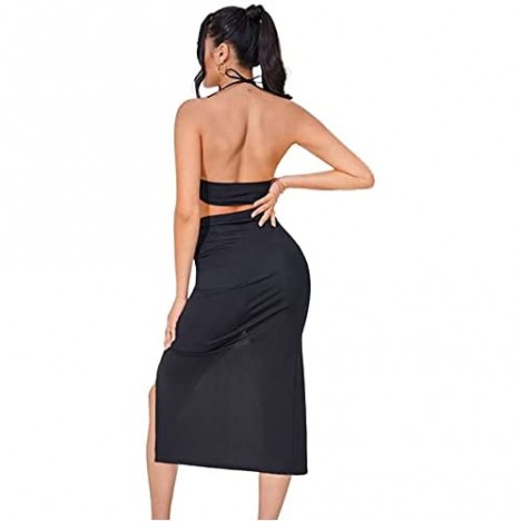 LYANER Women's 2 Piece Outfits Criss Cross Crop Top with Drawstring Split Slit Midi Skirt Set